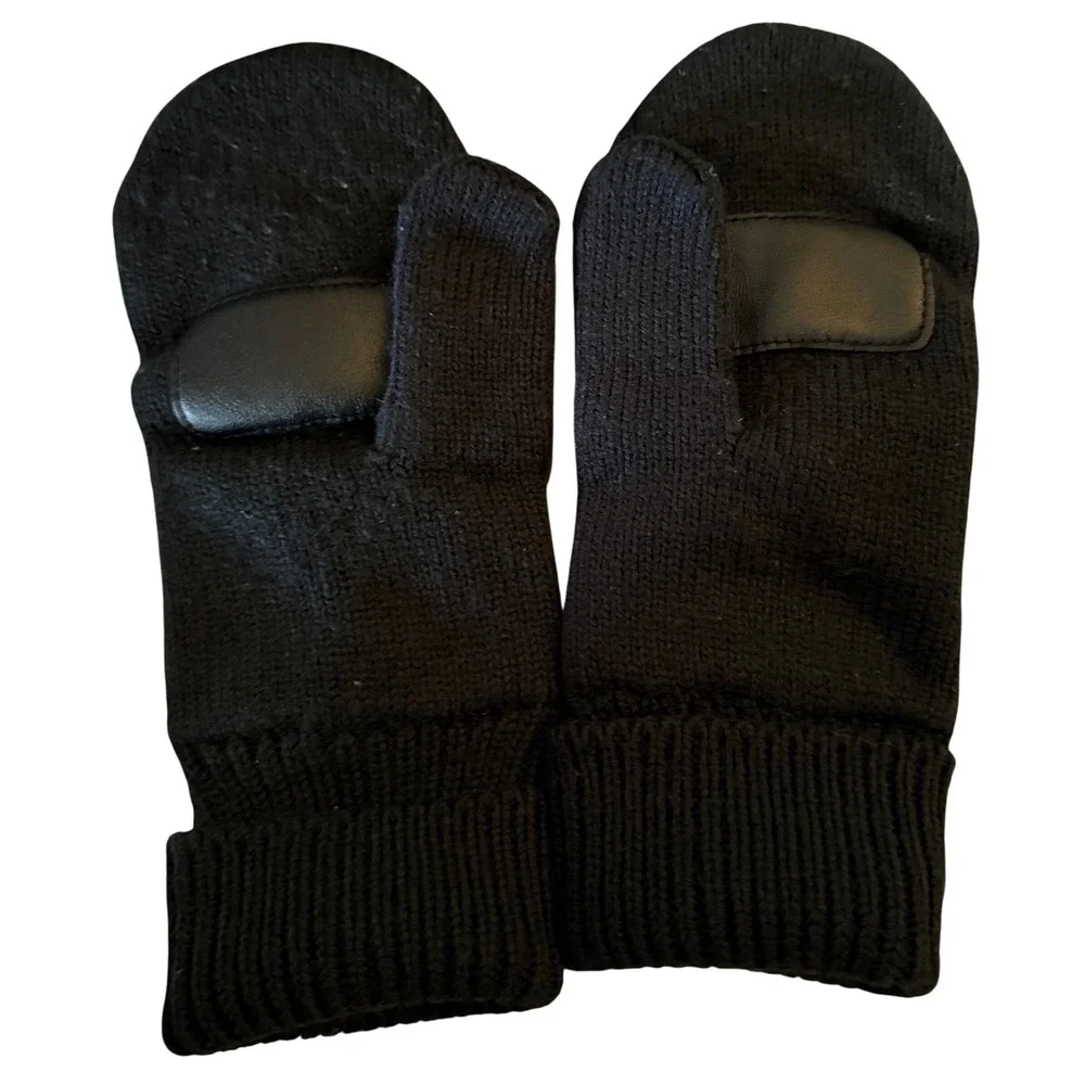 Isotoner Black Cable Knit Mittens‎ Leather Palm Thumb - Picture 2 of 4
